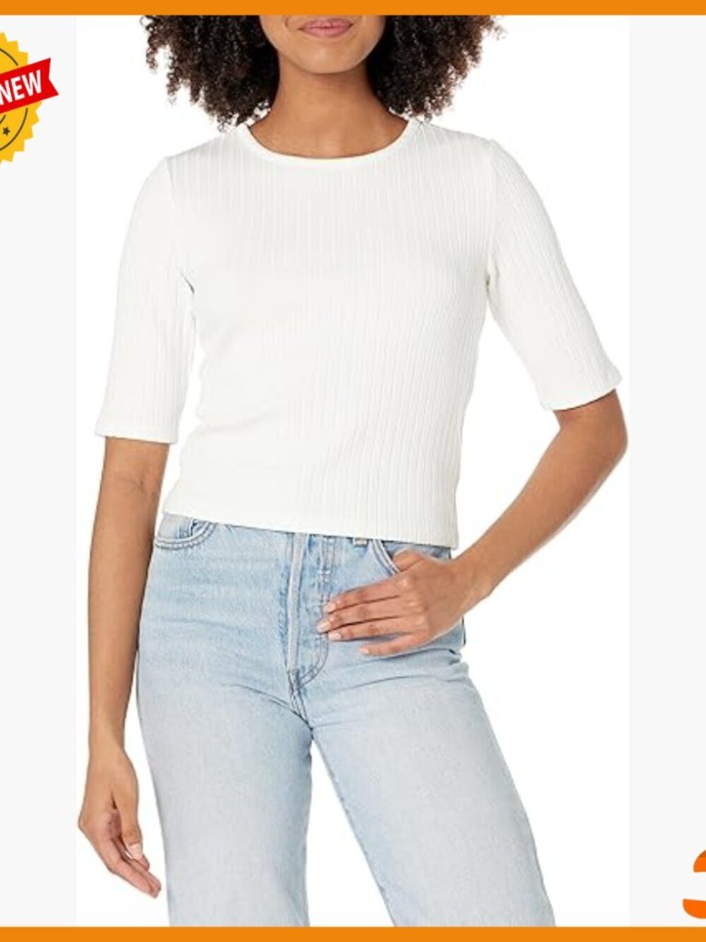 Cropped Ribbed Elbow Sleeve Top, Pull-On Closure, Machine Washable